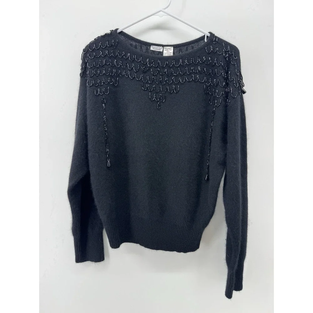 Made in Italy Women's Black Sweater Sz M Embroidery Beading Rabbit Hair Wool‎